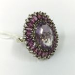 SILVER AMETHYST RHODOLITE GARNET & WHITE ZERCON RING SIZE O