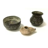 3 ANTIQUE PERSIAN ITEMS - VASE, BOWL & OIL LAMP