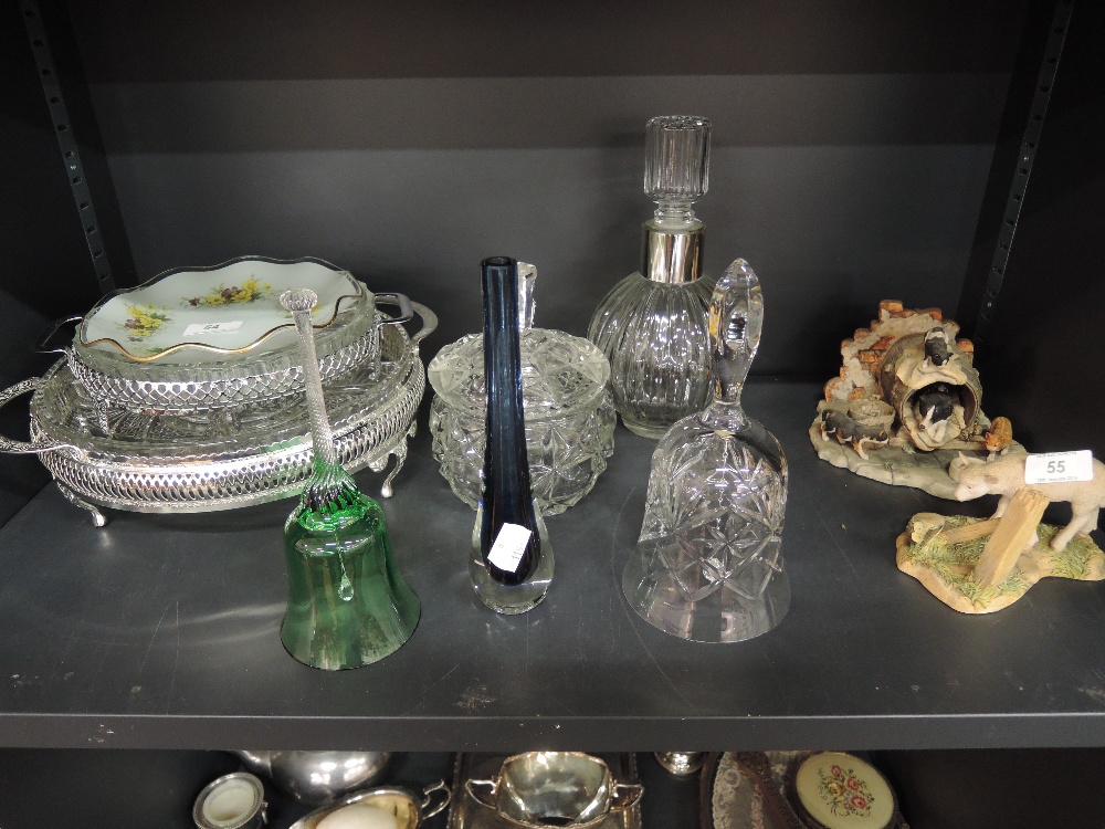 A selection of glassware including decanter , bells etc