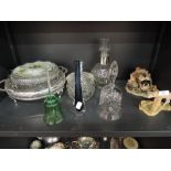 A selection of glassware including decanter , bells etc