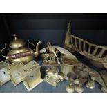 A selection of brass-ware including 3 carriage clocks