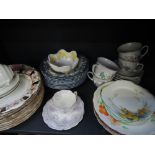 A shelf of ceramics including Shelley (dandelion), Blue and White