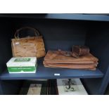 A vintage leather satchel, a ladies crocodile effect handbag, a Singer buttonhole attachment