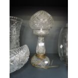 A mid 20th century cut glass table lamp of traditional mushroom design