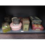 A selection of vintage tins, including 1937 Commemorative, Maynards etc