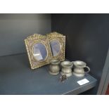 A pair of vintage Italian photograph frames, three miniature pewter tankards and a cold painted