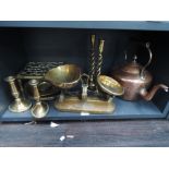 A selection of vintage copper and brassware including kettle, trivet, candlesticks, scales etc