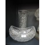 A 20th century glass fruit bowl of boat shape and a glass vase