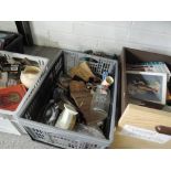 Three boxes of miscellaneous including collectors books, rice jar, Sanyo TRC-530M Micro cassette