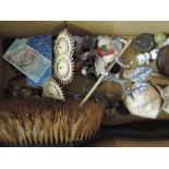 A box of miscellaneous including vintage golf balls, HM silver applique dressing brush, toy