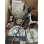 A box of miscellaneous including badges, novelties, weights etc