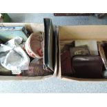 Two boxes of miscellaneous including photo portrait albums, plastic novelty ties, crumb tray etc