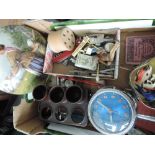 A box of miscellaneous including bakelite egg cruets, 1960's clock, ceramic plaque etc