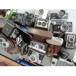 A selection of vintage cameras including Wray Stereo Graphic, Ful-Vue, Yashica LM, Korolls, Petri