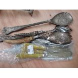 A selection of flat ware including horn handled fork and spoon