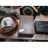 A selection of treen including clock, bowl, parquetry design box etc