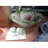 A wash bowl and jug etc, green ground with floral design