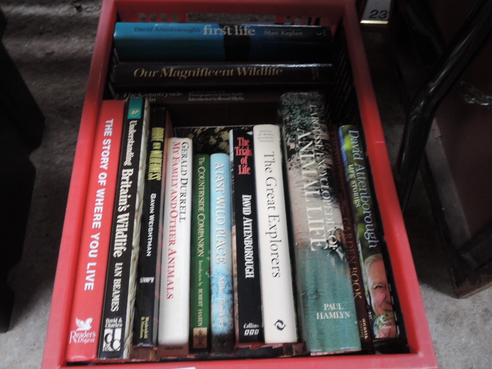 A box of books mainly wildife including David Attenborough