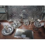 A selection of plated ware including tea tray, card box etc