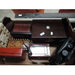 A box of treen etc including Japenesque style laquered box and binoculars