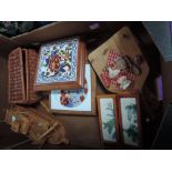 A box of miscellaneous including treen and framed ceramic tiles