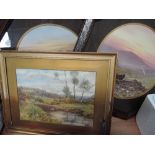 A pair of rural landscape prints in octagonal frames and a watercolour signed AFT