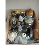 A selection of brassware, vintage bottles, scales and a hipflask etc