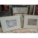 A selection of framed maps including The County Palatine of Lancaster by Robert Morden