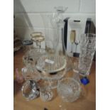 A selection of etched glassware and crystal including vases, candlesticks etc