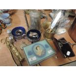 A selection of plated and brass ware including HM napkin rings, flatware, vintage tin etc