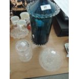 A selection of glassware including coloured bonbon jar, dish etc