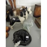 Five figurines including Melba ware Donkey, cat and dog interest