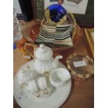 A selection of art glass and ceramics including a miniture tea set and art glass pin dish and