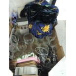 A miscellaneous box containing glassware, watches ceramics etc