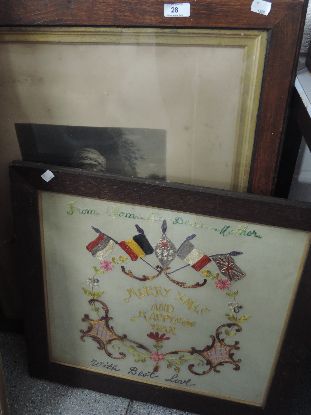 An embroidered picture and a large oak framed engraving 'Strawberry Girl'