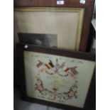 An embroidered picture and a large oak framed engraving 'Strawberry Girl'