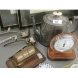 A miscellaneous lot including a thermometer on leather covered treen base, desk calendar, plated tea