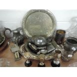 A selection of pewter and platedware including trays and bowls etc