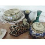 A selection of ceramics, studio pottery vases and soapstone carving