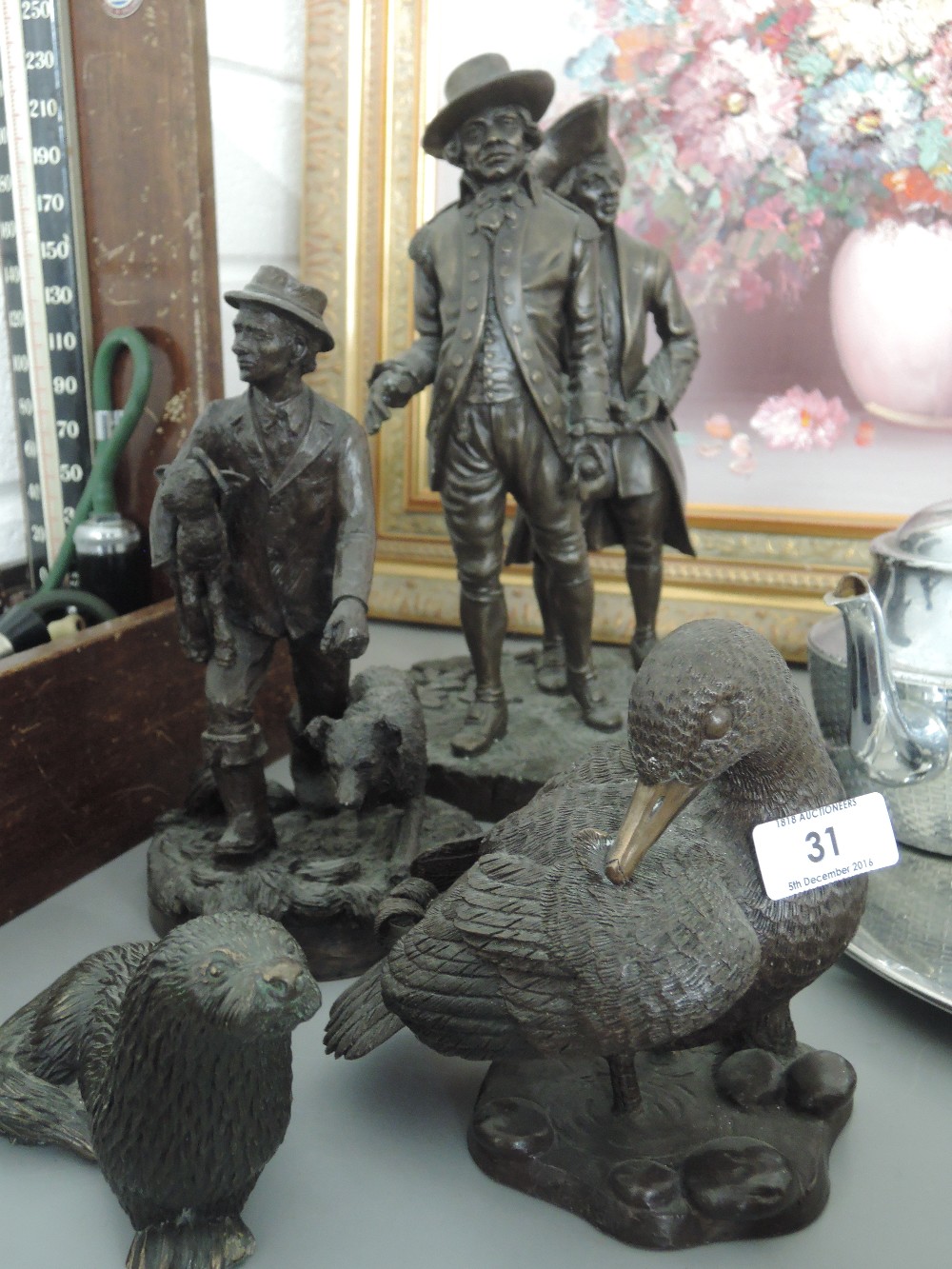 A collection of Hereditics limited figures including shepherd with lamb and dog, preening duck and