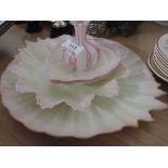 Four pink and white Belleek dishes and a small glass vase