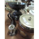 A selection of platedware including tazza, candlestick and treen biscuit barrel