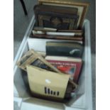 A box of vintage volumes, train photographs and ordnance survey map etc