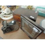 An oak box containing vintage buttons etc, a mid 20th century Metamec mantle clock and a vintage