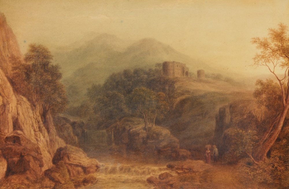 JOSHUA WALLIS (1789-1862) CASTLE BY A ROCKY GORGE varnished watercolour 23.5cm by 36cm; 9 1/4in by