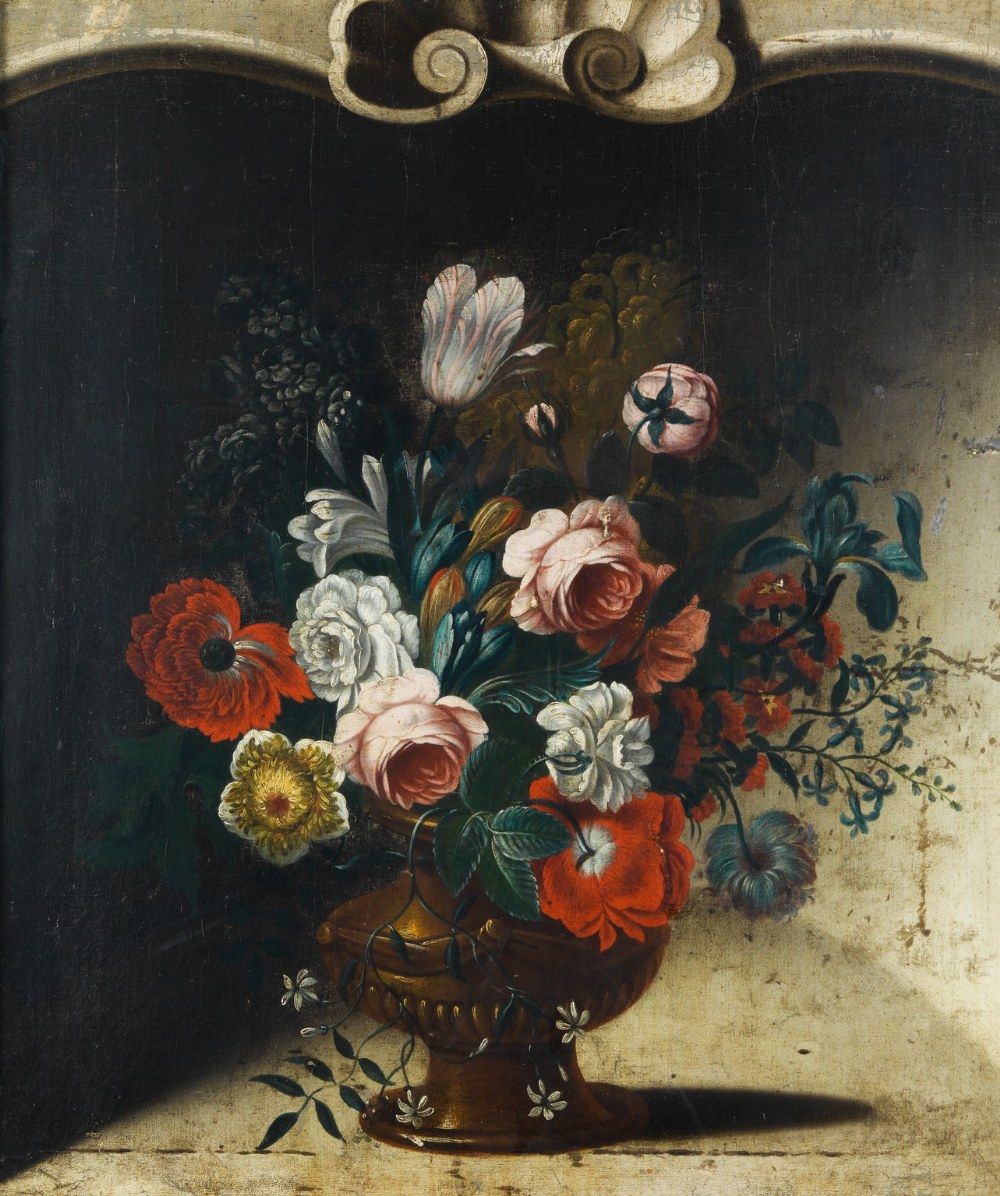 DUTCH SCHOOL 18th Century STILL LIFE OF FLOWERS IN AN URN oil on canvas 82.5cm by 70cm; 32 1/2in