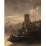 ATTRIBUTED TO WILLIAM JAMES MULLER (1812-1845) NOCTURNE BY AN ITALIAN LAKE oil on board 27.5cm by