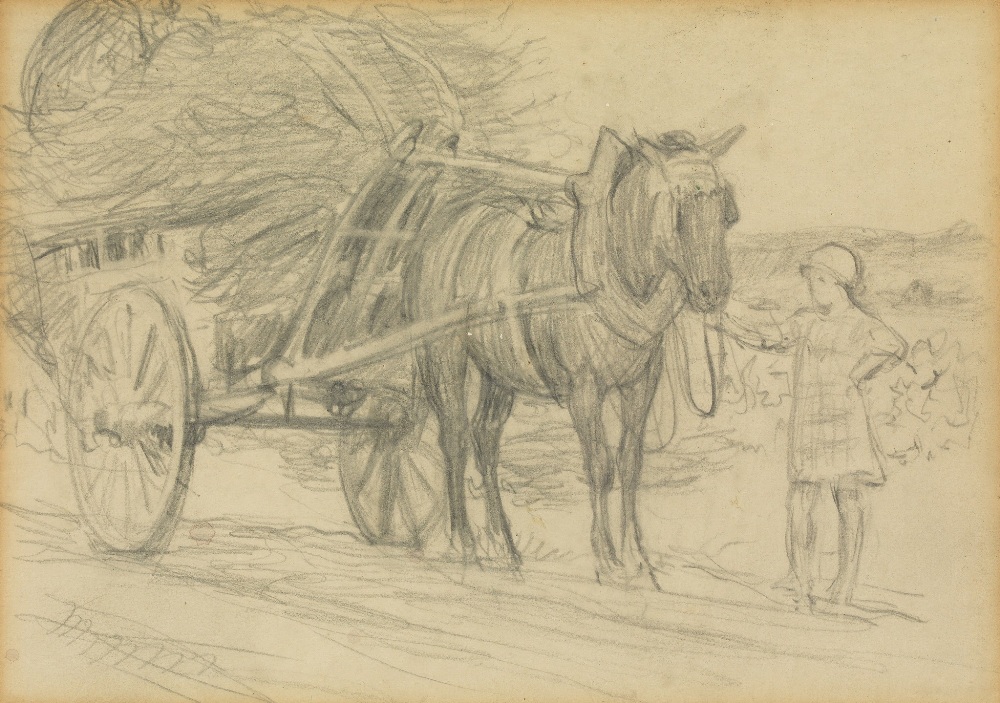 SOLOMON J. SOLOMON, RA (1860-1927) A YOUNG GIRL BY A HORSE AND CART pencil 12cm by 17cm; 4 3/4in