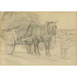 SOLOMON J. SOLOMON, RA (1860-1927) A YOUNG GIRL BY A HORSE AND CART pencil 12cm by 17cm; 4 3/4in