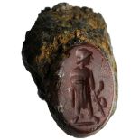 Red jasper with Asklepios Intaglio1st - 2nd century AD; ; Copper concretions.